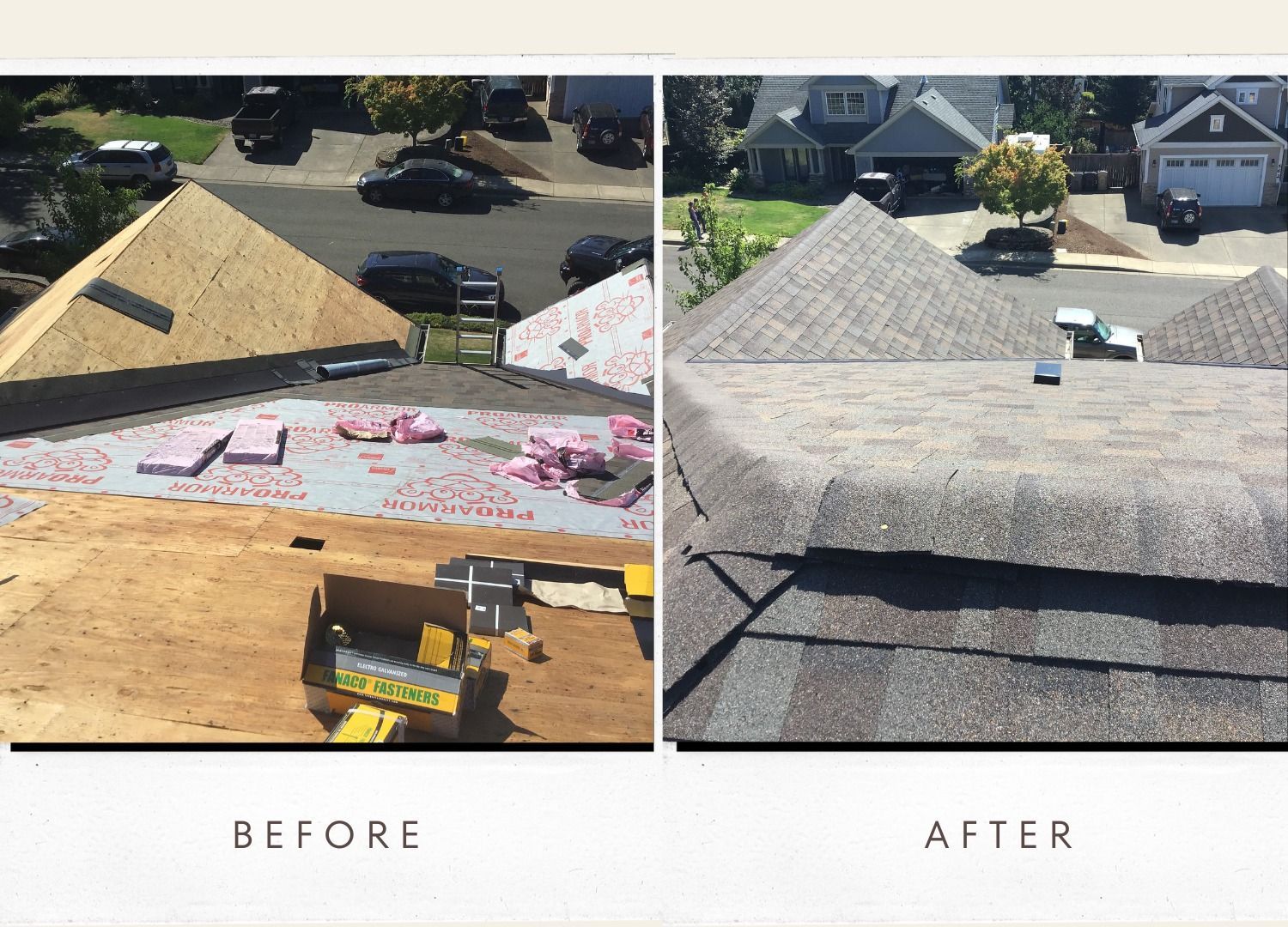 Before and after of a roof replacement. Old roof torn off, new shingles installed on a residential home.