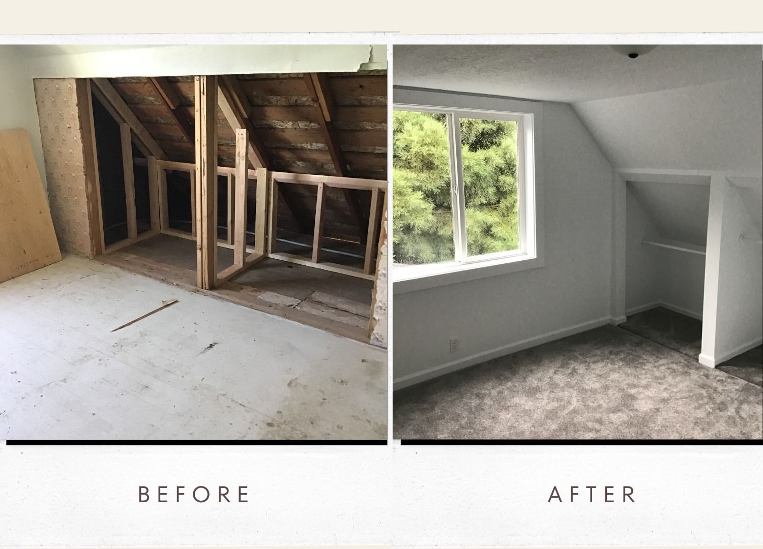 Before-and-after of a room renovation, showing the unfinished attic and the finished, painted space with new window.