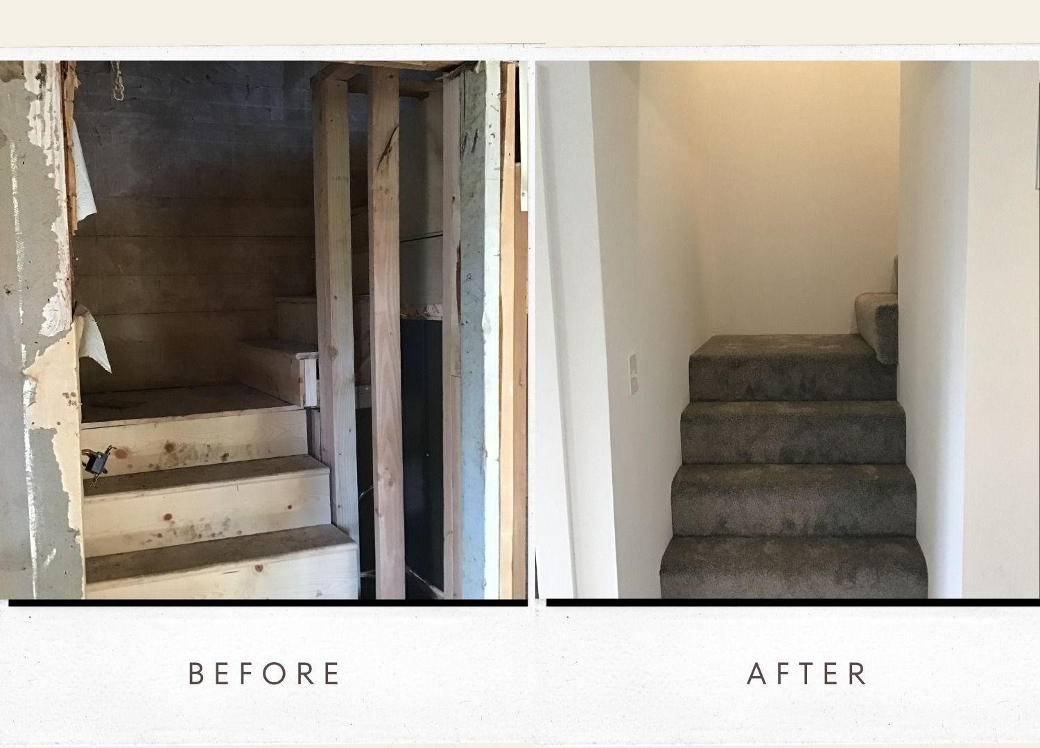 Before and after renovation of basement stairs. Dark, unfinished before; light, carpeted after.