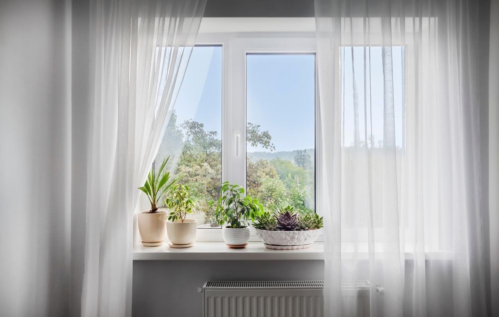 Window with sheer white curtains, plants on the sill, overlooking a green tree-filled view.