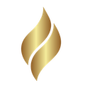 A gold flame icon on a white background