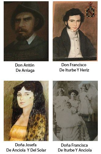 Men in dark clothing and women in dresses. Text identifies them as Don Antón, Don Francisco, Doña Josefa, and Doña Francisca.