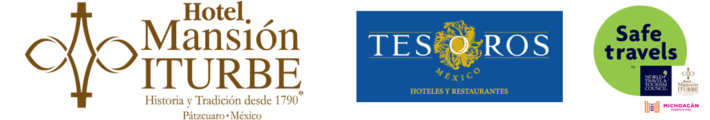 Logos for Hotel Mansión Iturbe, Tesoros, and Safe Travels.