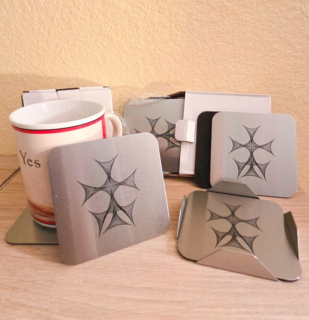 Fleetis Originals Peace Artwork on Metal Coasters with a mug