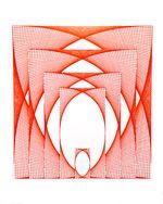 A red and white geometric pattern on a white background.