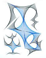 A drawing of a blue and gray spider web on a white background.