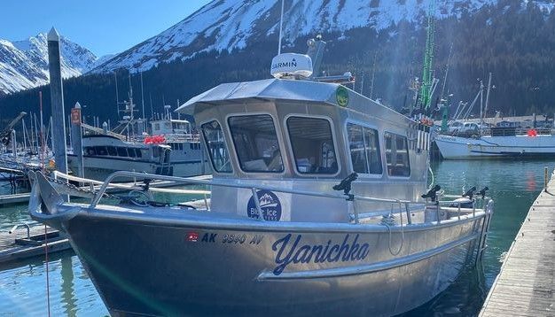 A boat is docked in a harbor with mountains in the background.