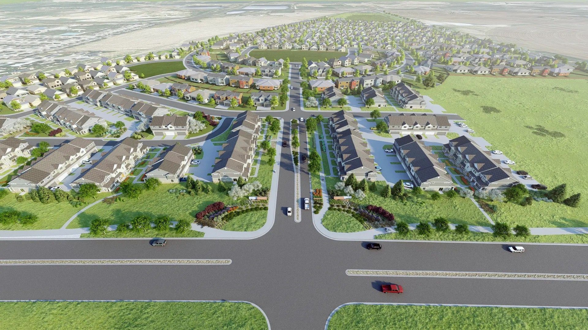 Aerial view of suburban homes in Firestone, Colorado.