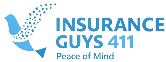 Logotipo: Gr&aacute;fico de p&aacute;jaro azul con el texto "INSURANCE GUYS 411 - Tranquilidad"