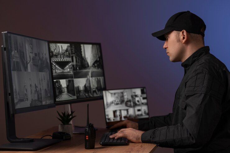 A Man Is Sitting At A Desk Using A Laptop Computer - Comprehensive Security Services in Darwin, NT