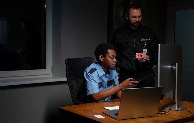 A Police Officer Is Standing Next To A Man Sitting At A Desk Using A Laptop Computer - Professional Security in Darwin, NT