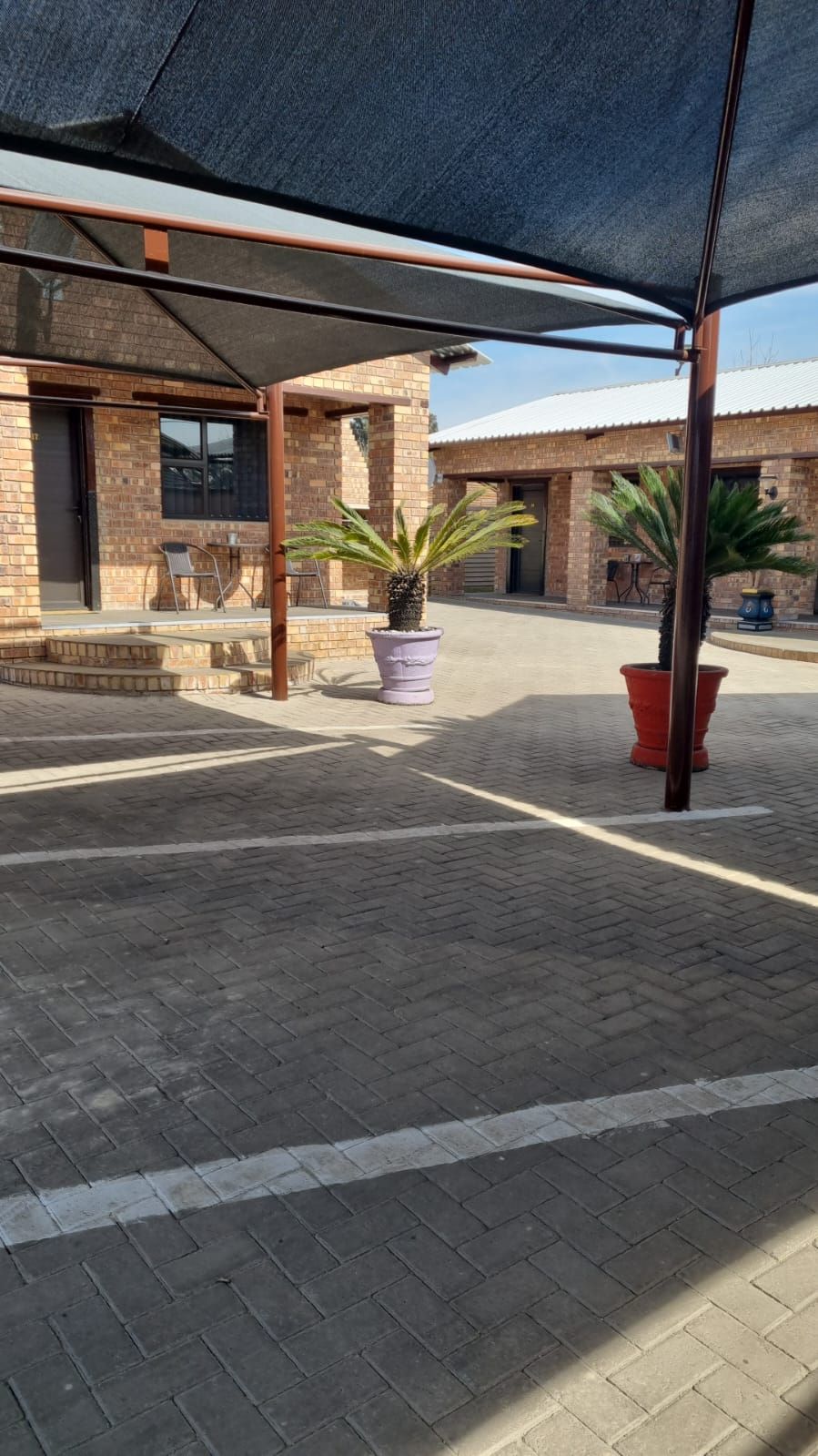 A parking lot with a blue umbrella and potted plants.