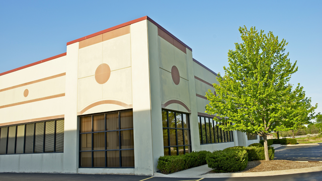 Cream-colored commercial building with large windows and a small tree on a sunny day.