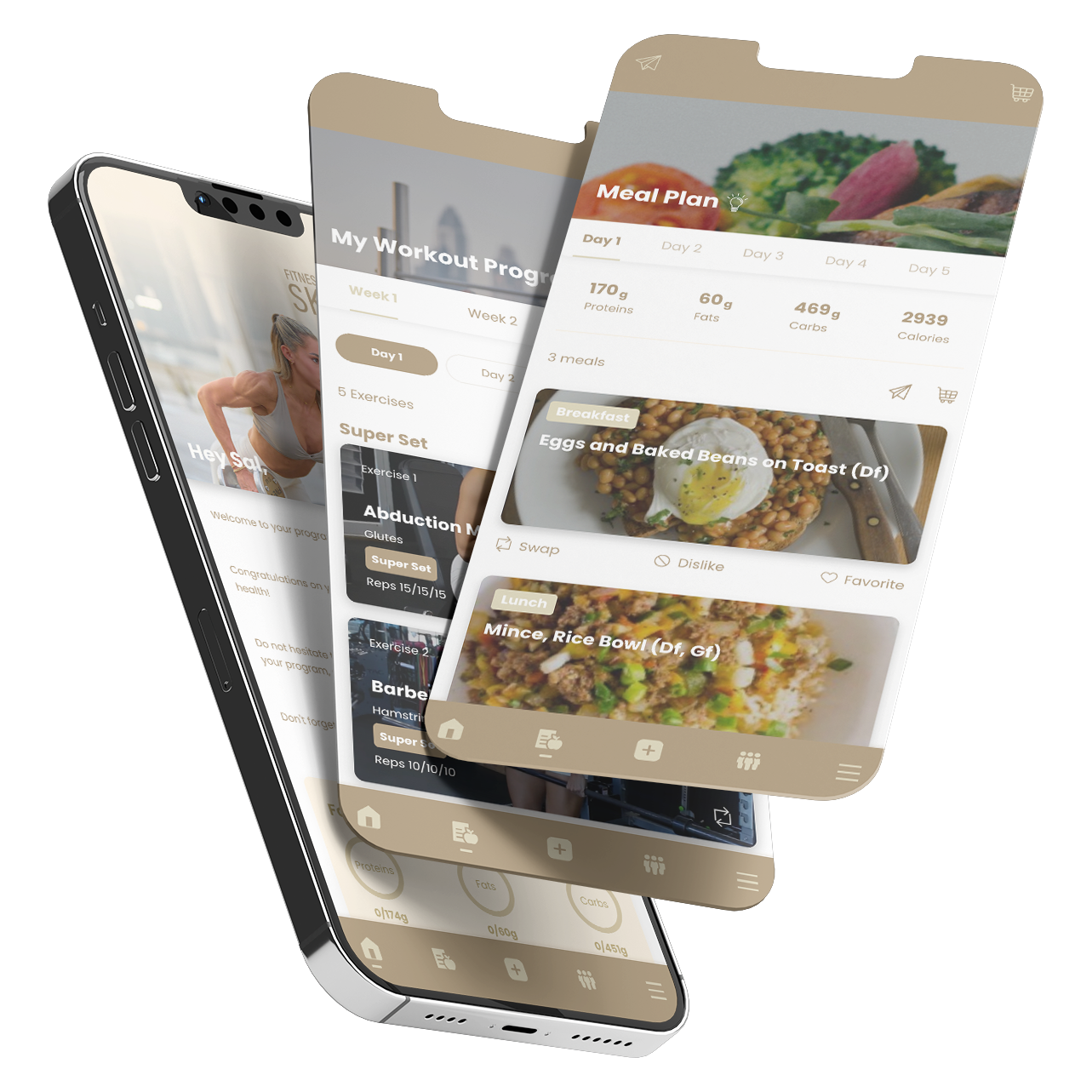 Three mobile phones displaying a fitness app with workout and meal plan options. Fitness Skoops