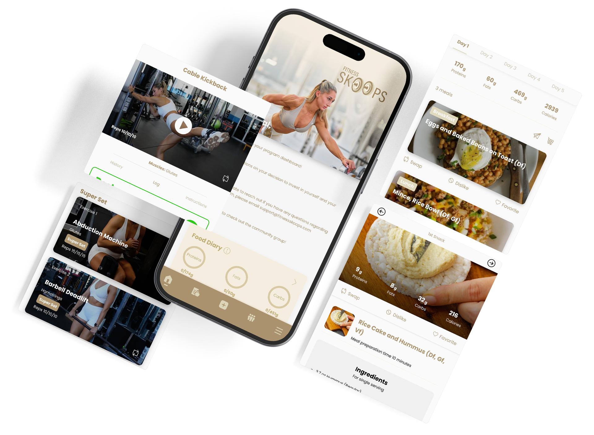 Smartphone displaying fitness app with exercise videos and meal plans. Fitness Skoops