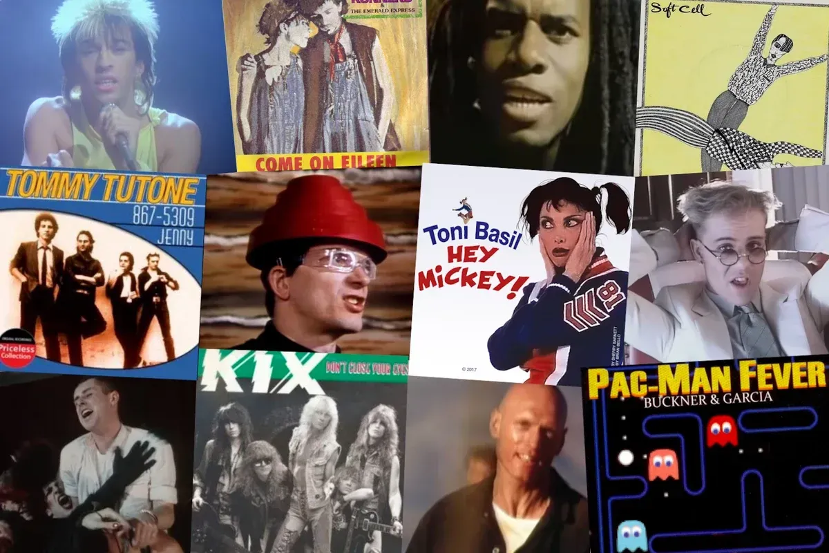 Collage of 1980s album covers and music video stills featuring singers and band members.