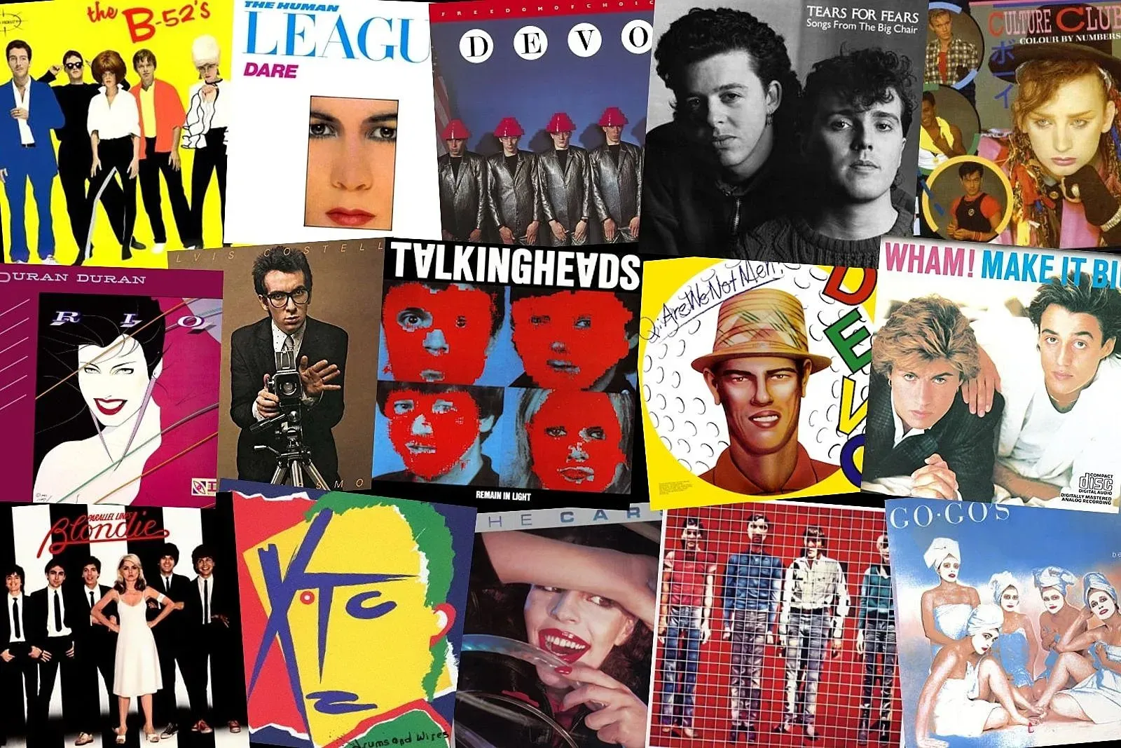 A collage of album covers including talking heads