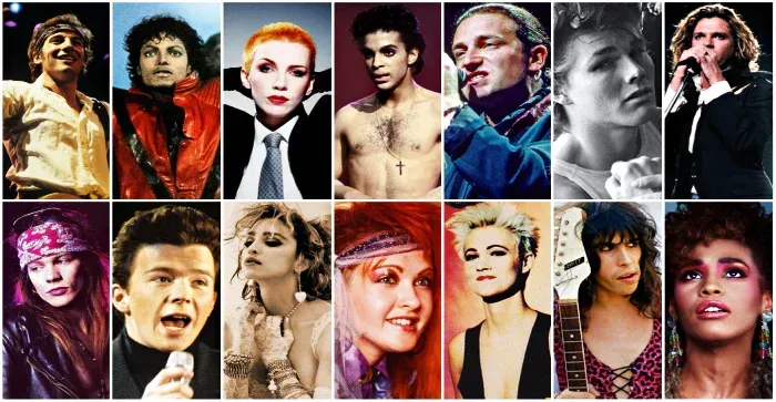 Compilation of pop music icons from the 1980s, including Michael Jackson, Prince, and Madonna.