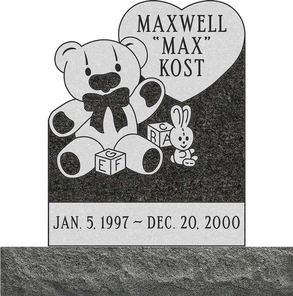 Memorial plaque with teddy bear and rabbit, reading “Maxwell ‘Max’ Kost,” Jan. 5, 1997–Dec. 20, 2000