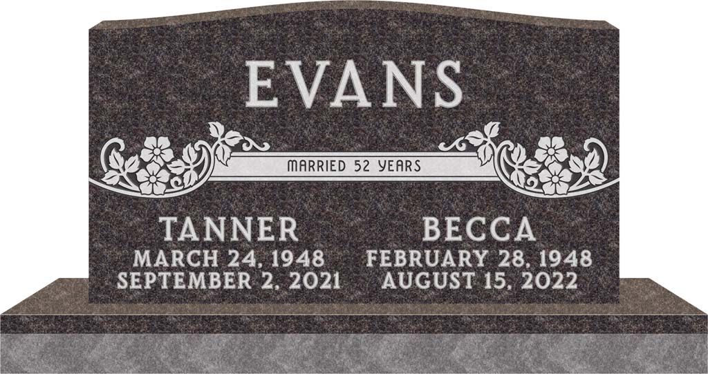 Granite memorial headstone engraved with EVANS and names Tanner and Becca, with dates beneath.