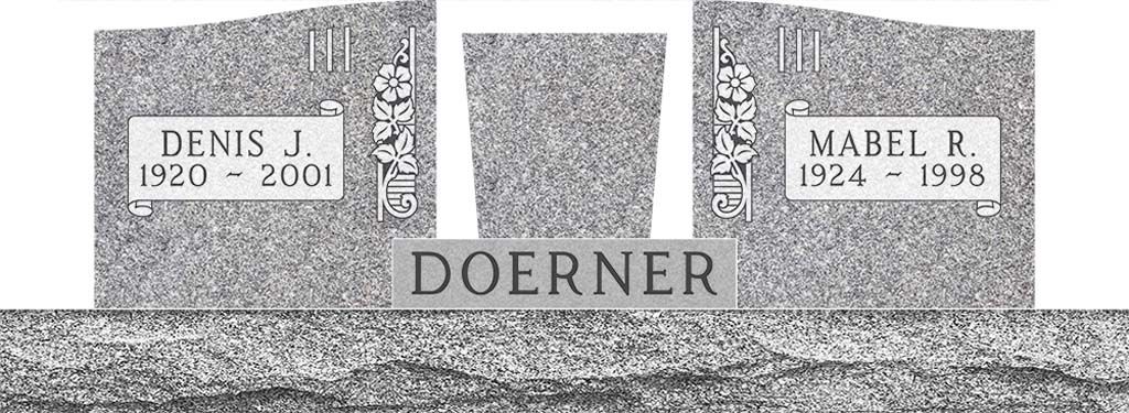 Gravestone for Doerner with two side memorial plaques on a speckled stone base.
