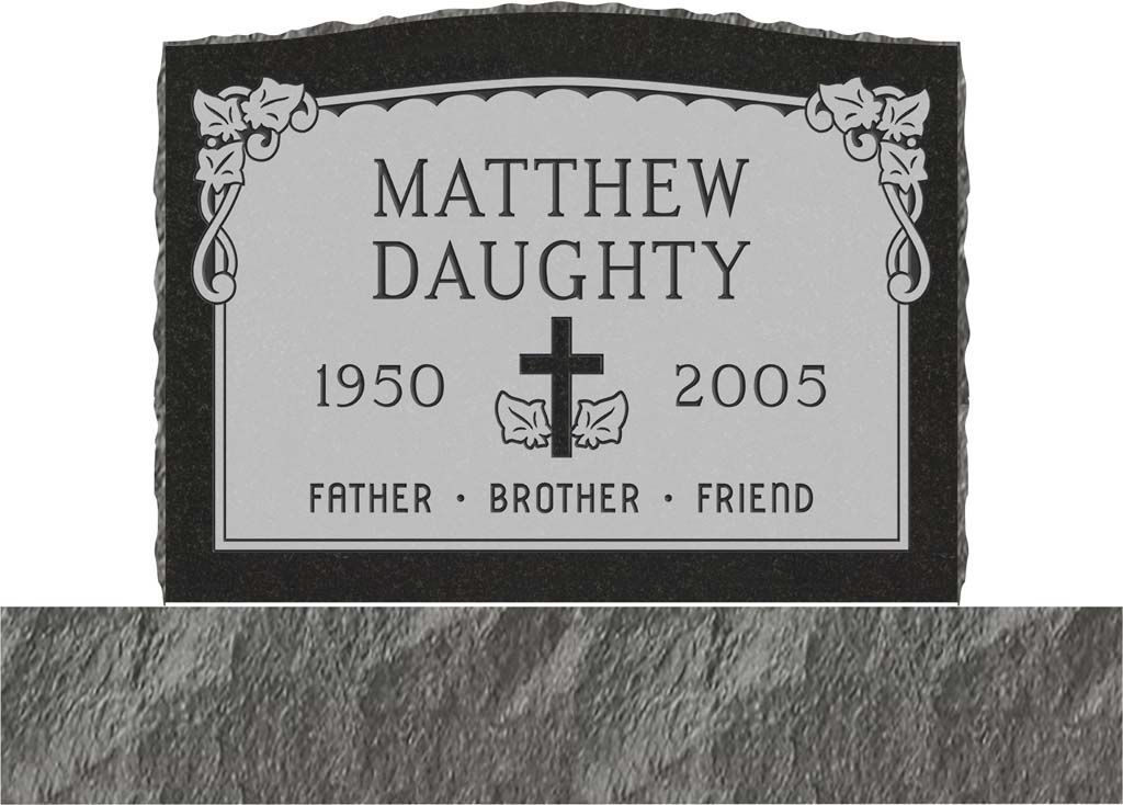 Gravestone for Matthew Daughty, 1950–2005, with a cross and “Father, Brother, Friend.”
