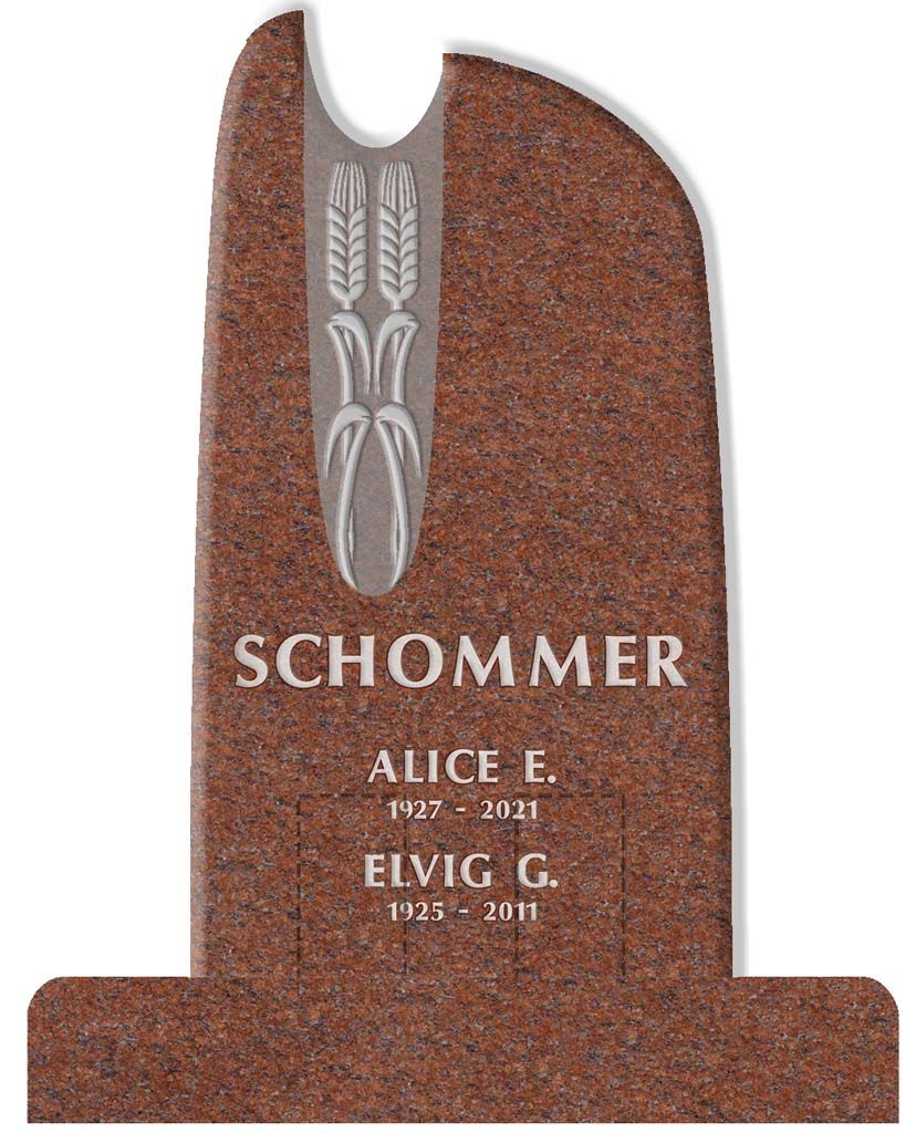 Brown granite gravestone with carved wheat stalks and the name SCHOMMER; Alice E. and Elvig G. memorial text
