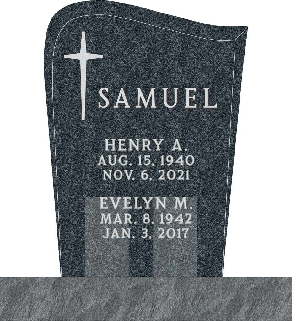 Black granite memorial headstone engraved with “SAMUEL,” a cross, and names Henry A. and Evelyn M.