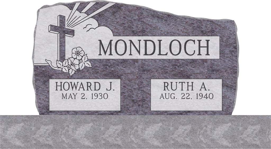 Gravestone for the Mondloch family with cross and memorial plaques for Howard J. and Ruth A.
