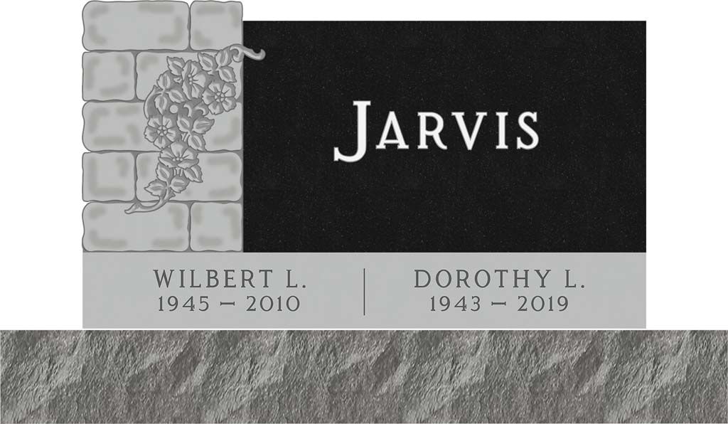 Black granite memorial plaque reading “Jarvis,” with names Gilbert L. and Dorothy L. and dates 1947–2010, 1943–2019.