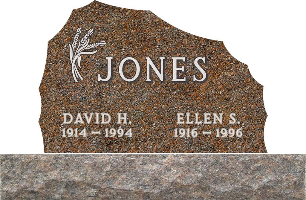 Brown granite gravestone engraved with the name JONES and two memorial inscriptions.