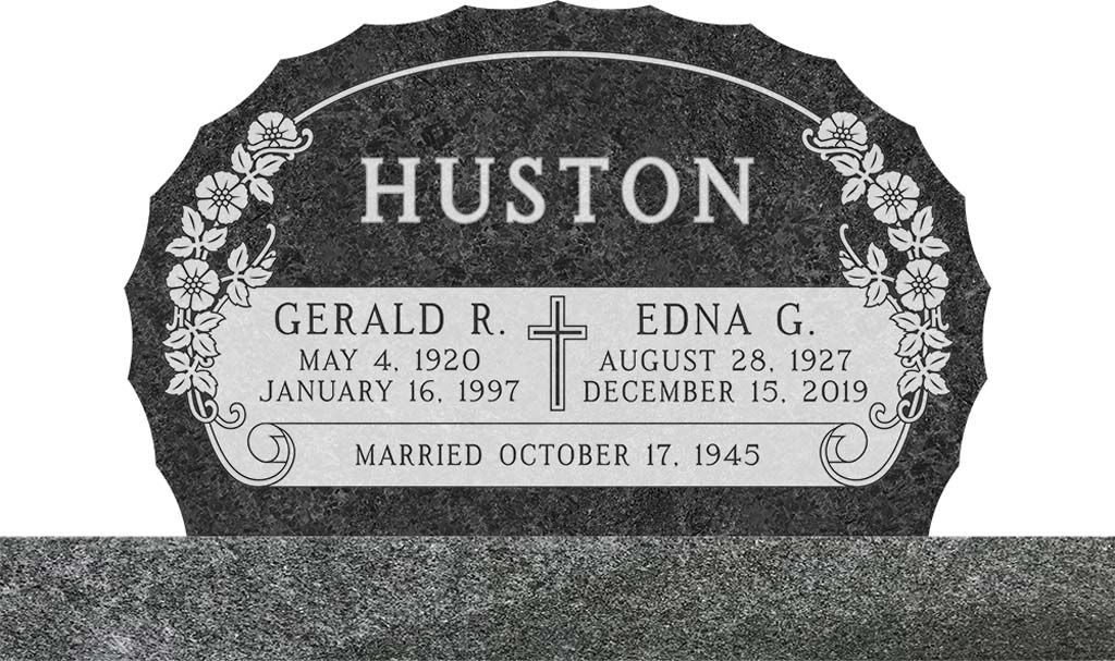 Black-and-white gravestone engraved with “HUSTON” and family names, surrounded by floral carving.