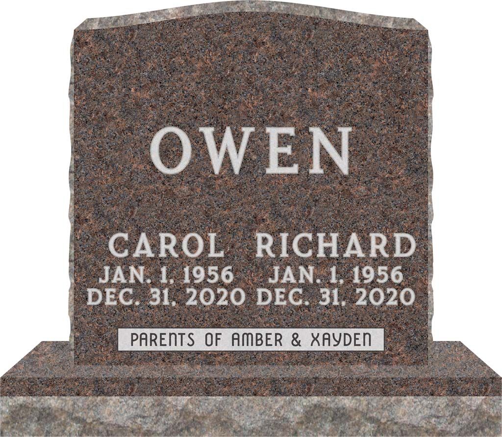 Gray granite memorial headstone engraved “OWEN” with names Carol and Richard and dates at the bottom.