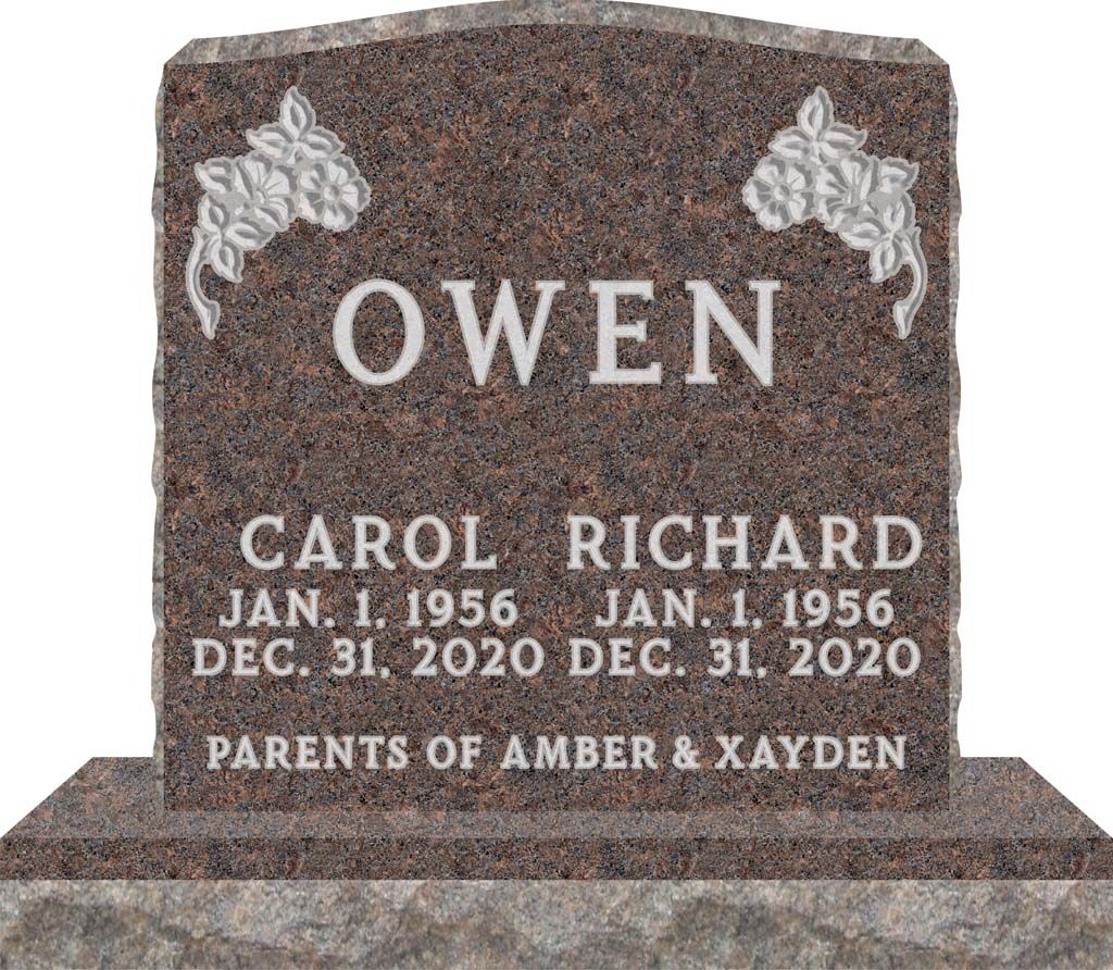 Brown granite memorial headstone engraved “OWEN” with names Carol and Richard and dates below.