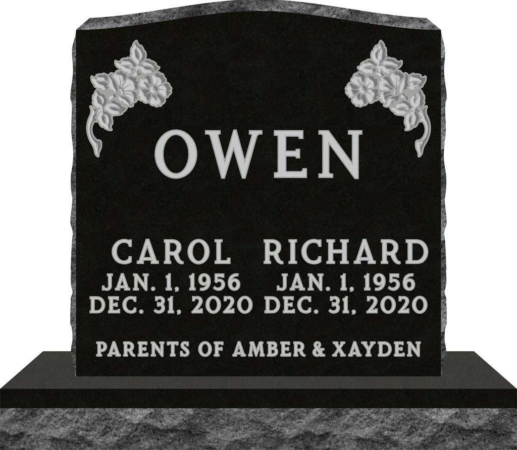 Black gravestone engraved with OWEN and names Carol and Richard, with dates and “Parents of Amber & Xayden”
