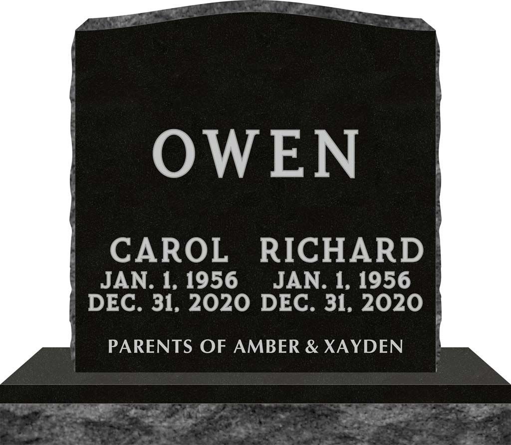 Black memorial headstone engraved OWEN, with Carol and Richard, birth and death dates, and “Parents of Amber & Hayden”