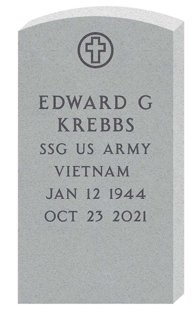 Gravestone for Edward G. Krebs, U.S. Army, Vietnam, with cross and dates 1944–2021