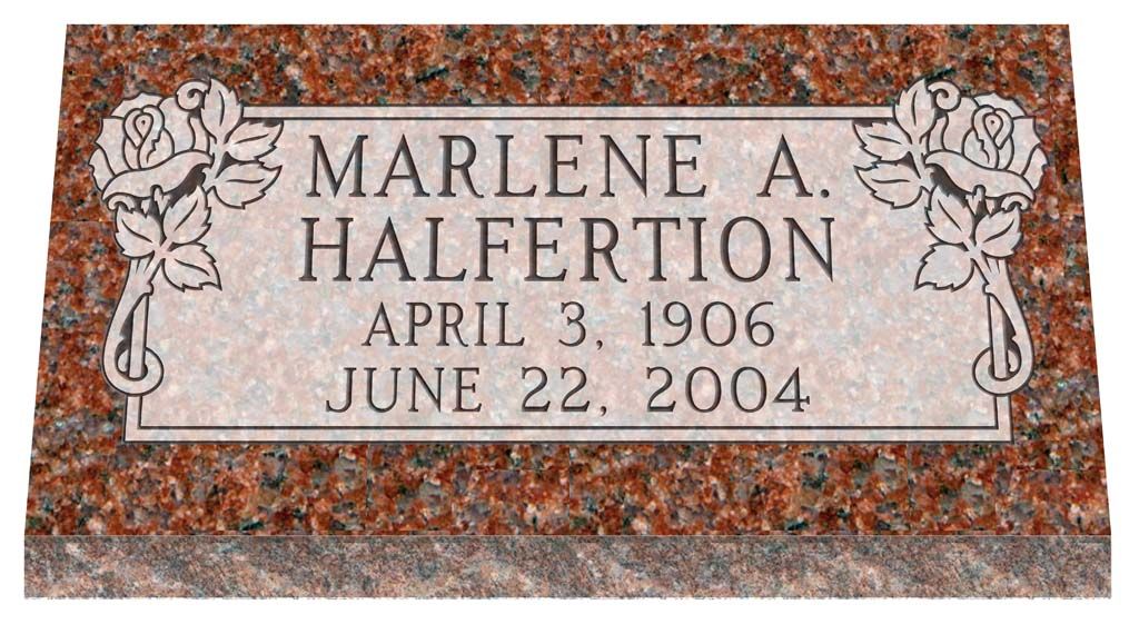 Marlene A. Halferton gravestone with floral border and dates April 3, 1906 to June 22, 2004