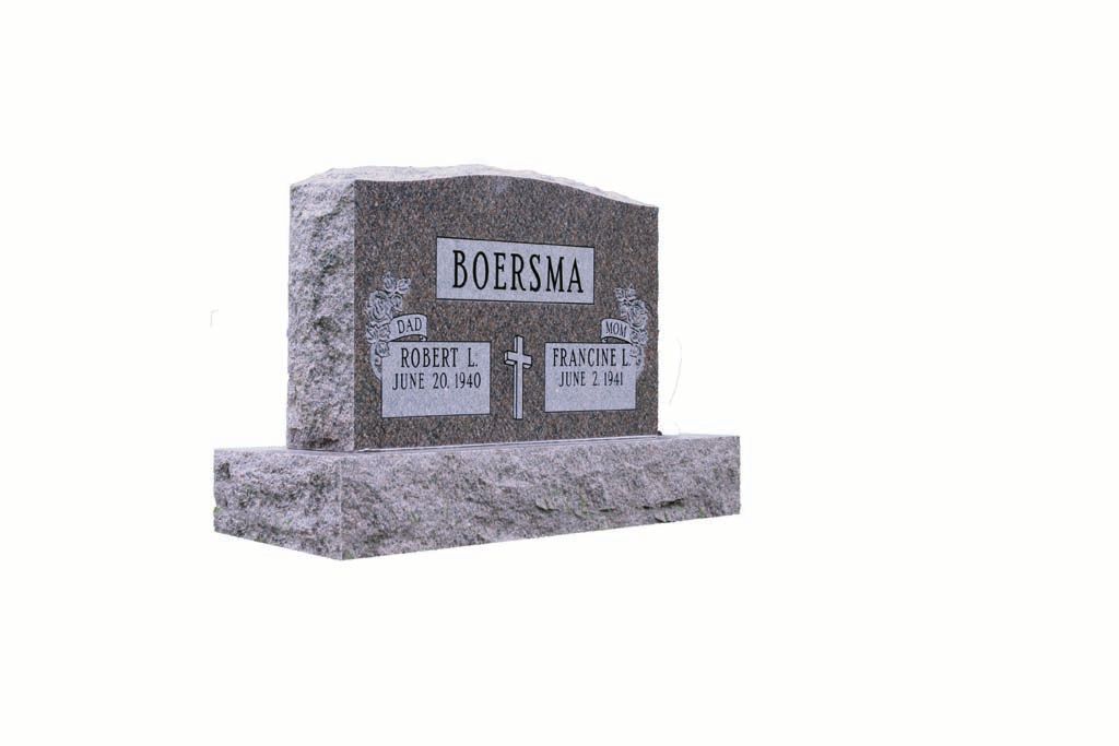 Gray stone grave marker with a name plaque and a cross in the center, isolated on white background