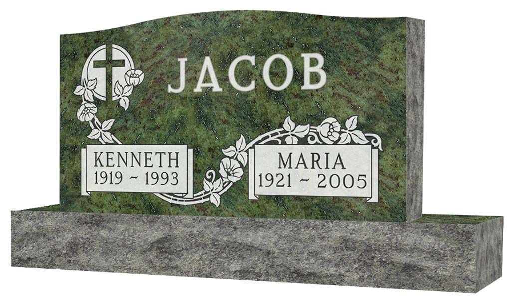 Gray granite gravestone engraved “JACOB” with plaques for Kenneth and Maria, set on a base.