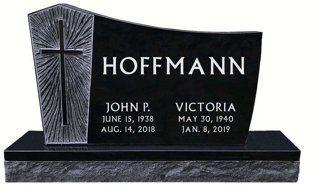 Black granite Hoffmann gravestone with cross and engraved names and dates