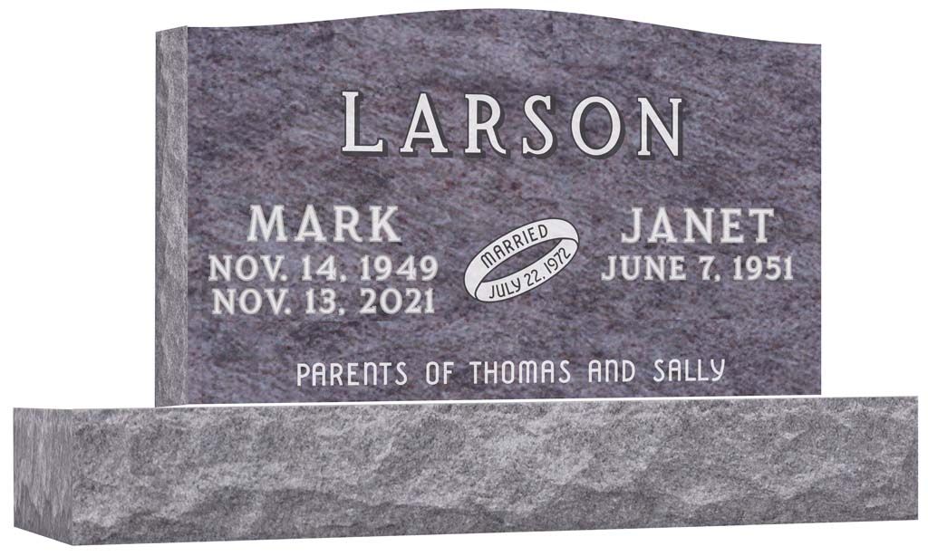 Gray granite memorial tombstone engraved “Larson” with two names and dates on a stone base