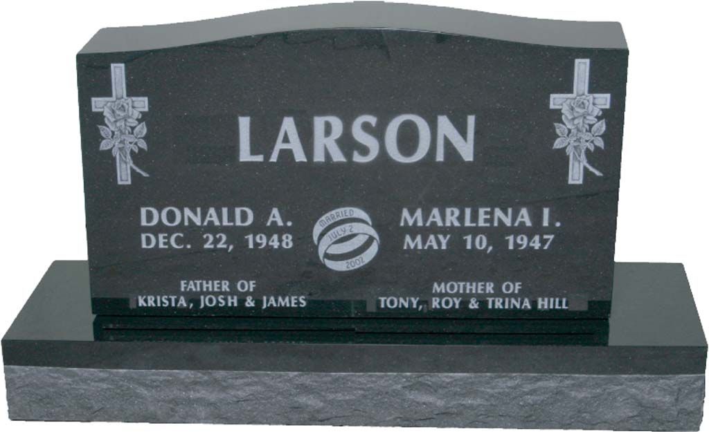 Black granite Larson family gravestone with engraved names and cross designs