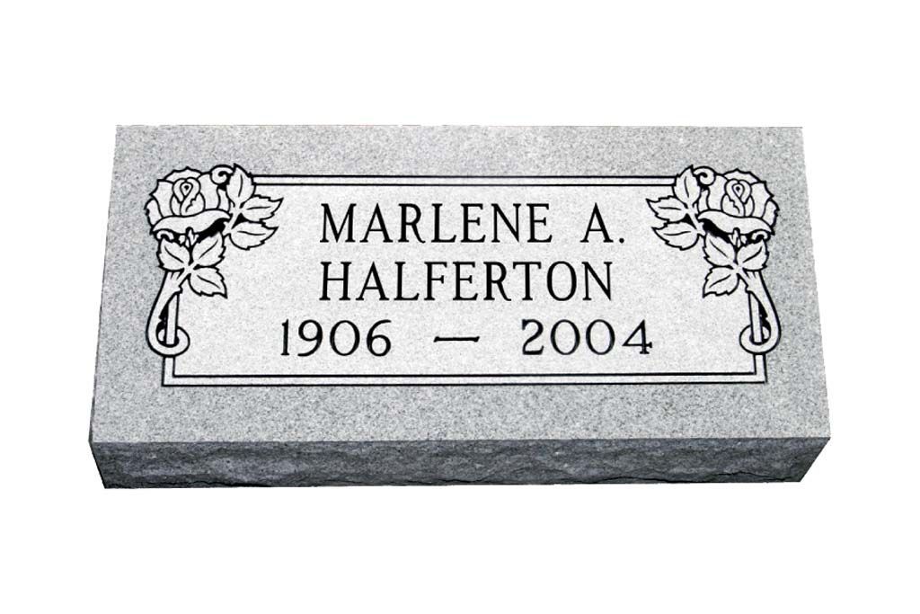 Gray gravestone engraved “Marlene Halverton 1906–2004” with floral carvings
