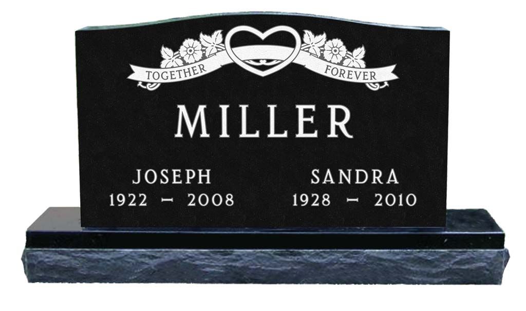 Black granite gravestone with heart and ribbon design, engraved “MILLER” and two names with dates.