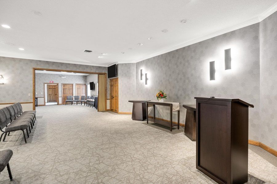 There is a podium in the middle of the room.