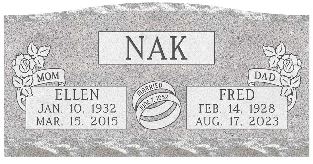 Gray memorial headstone engraved “NAK” with floral carvings and small photo plaques for Ellen and Fred.