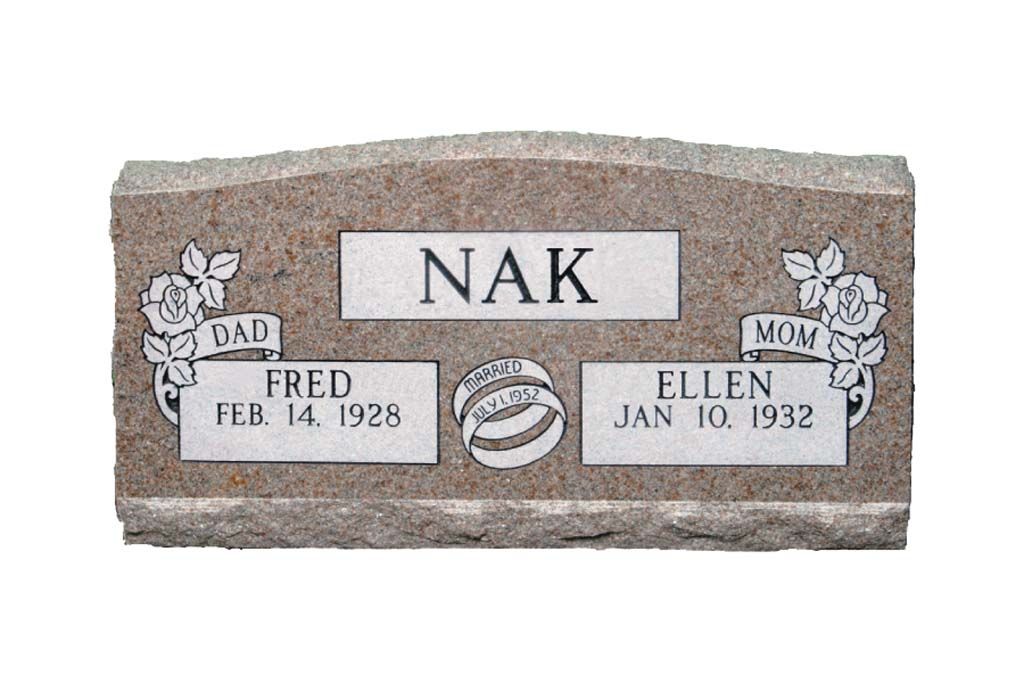 Gray stone memorial plaque with “NAK” and smaller name/date plaques for Fred and Ellen.