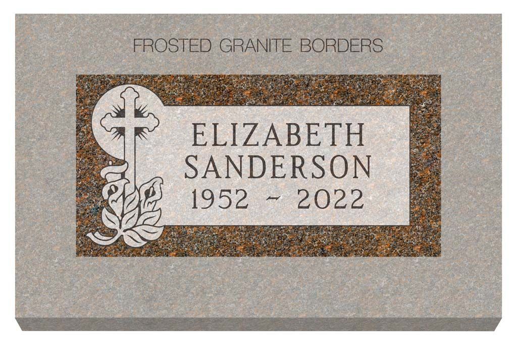 Memorial plaque for Elizabeth Sanderson, 1952–2022, with frosted giant borders and cross engraving