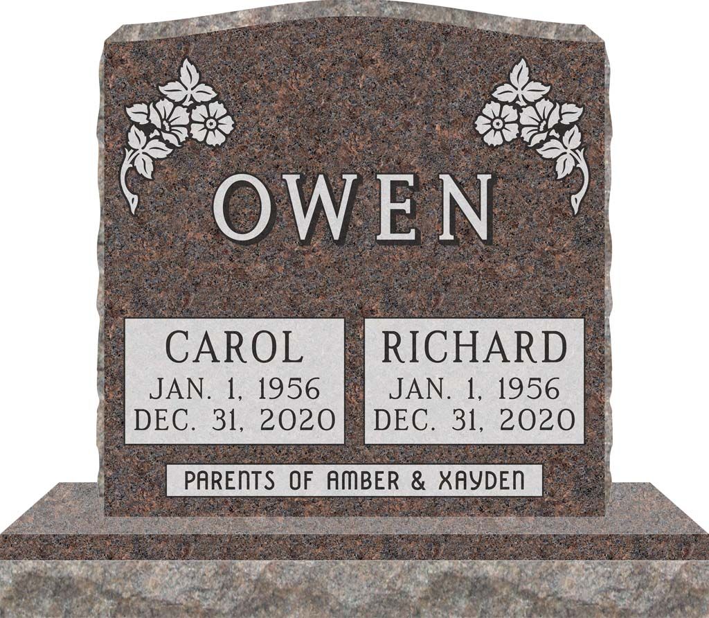 Owen gravestone with floral carvings and plaques for Carol and Richard, parents of Amber and Kayden
